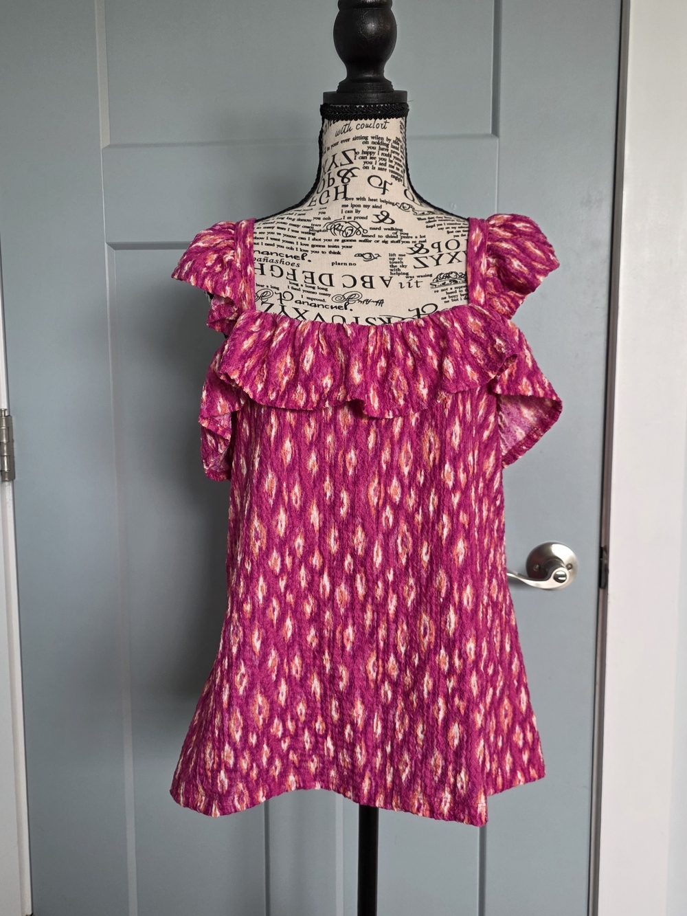 LOFT Ikat Print Square Neck Ruffle Sleeve Tank Top Pink Orange Boho Large